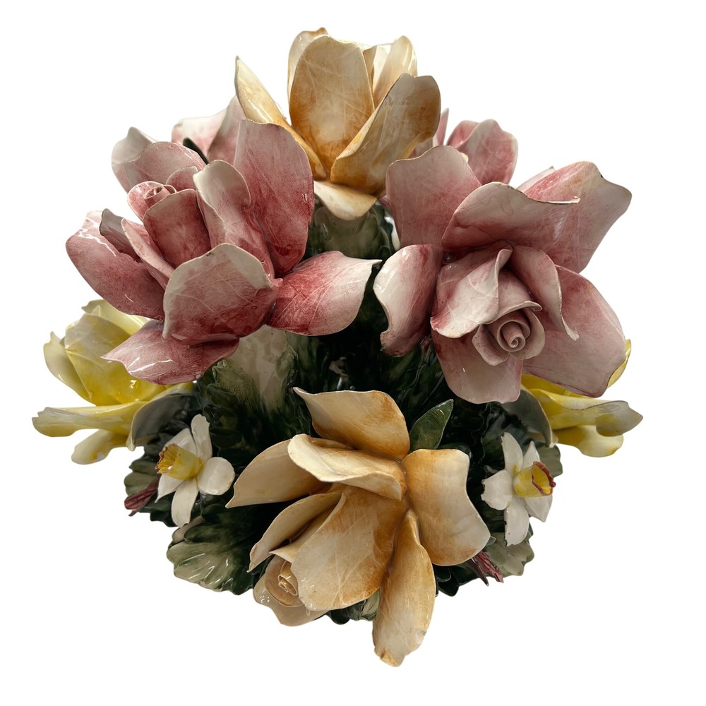 Capodimonte Floral Centerpiece Italy Porcelain Rose Bouquet Pink Peach Basket